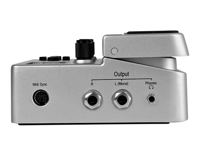 A view of the left side of the BeatBuddy drum machine showing its MIDI Sync input, outputs and headphone jack.