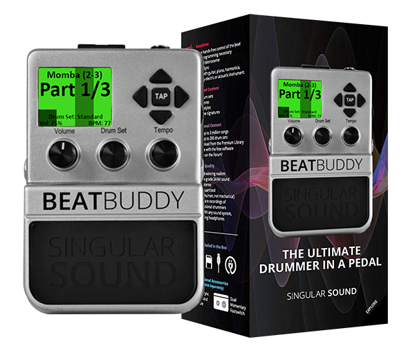 An image of the front of the BeatBuddy drum machine along with its packaging.
