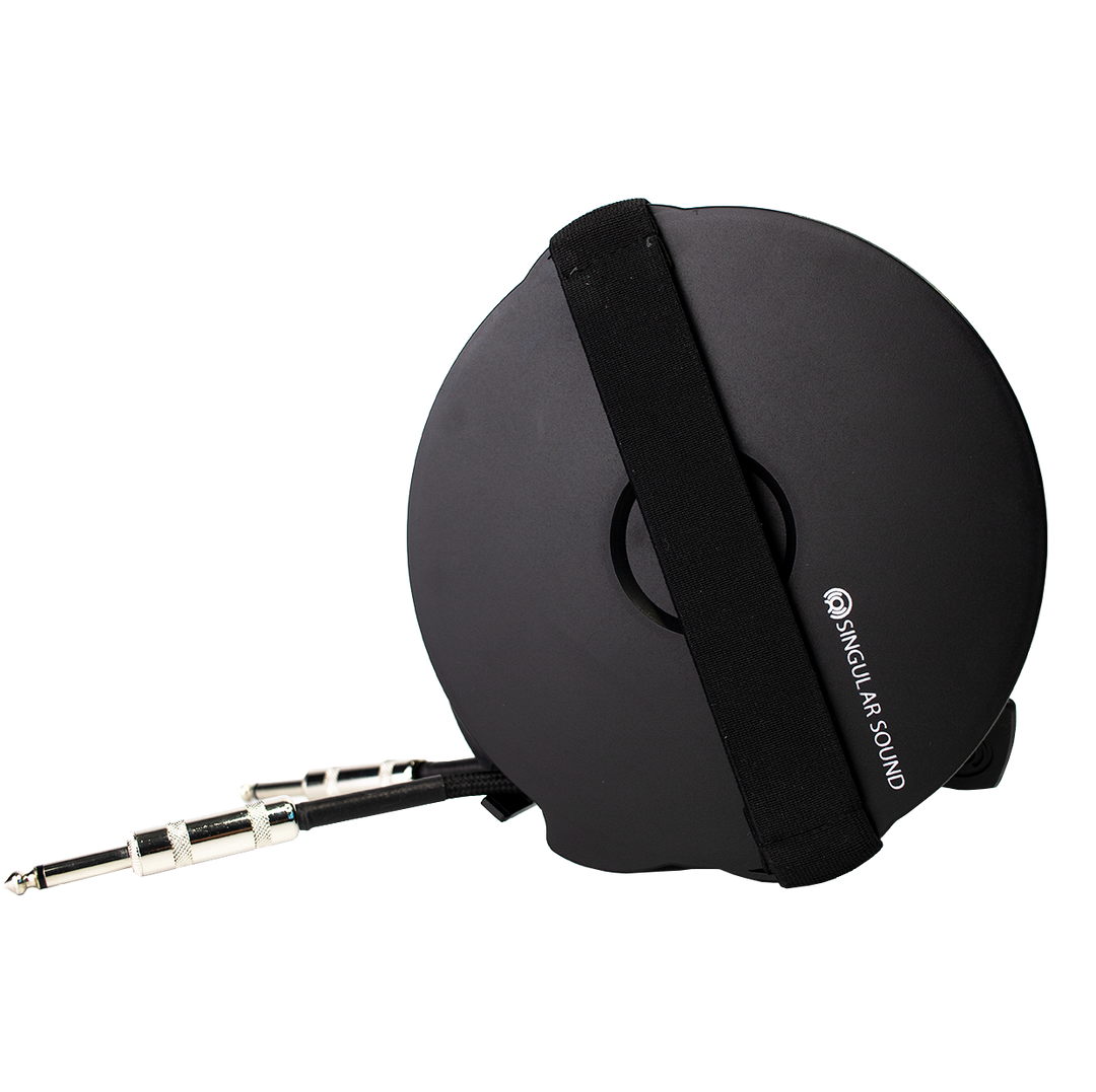 Image of the back of the Cabli cable management system showing the hand strap and 1/4" connectors of cable.