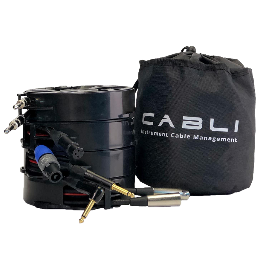 An image of 4 Cablis with different audio cables alongside the Cabli Instrument Cable storage bag.