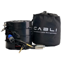 Load image into Gallery viewer, An image of 4 Cablis with different audio cables alongside the Cabli Instrument Cable storage bag.
