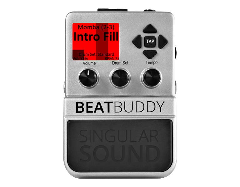 An image of the front of the BeatBuddy drum machine showing it's pedal, knobs, and screen with tempo cues.