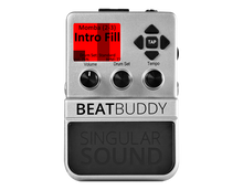 Load image into Gallery viewer, An image of the front of the BeatBuddy drum machine showing it&#39;s pedal, knobs, and screen with tempo cues.
