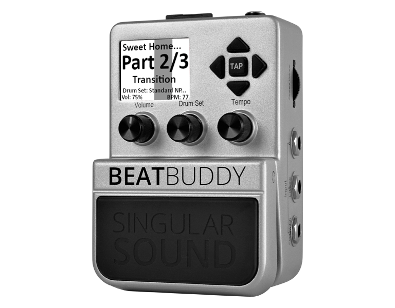 An angled view of the BeatBuddy showing the screen playing the 